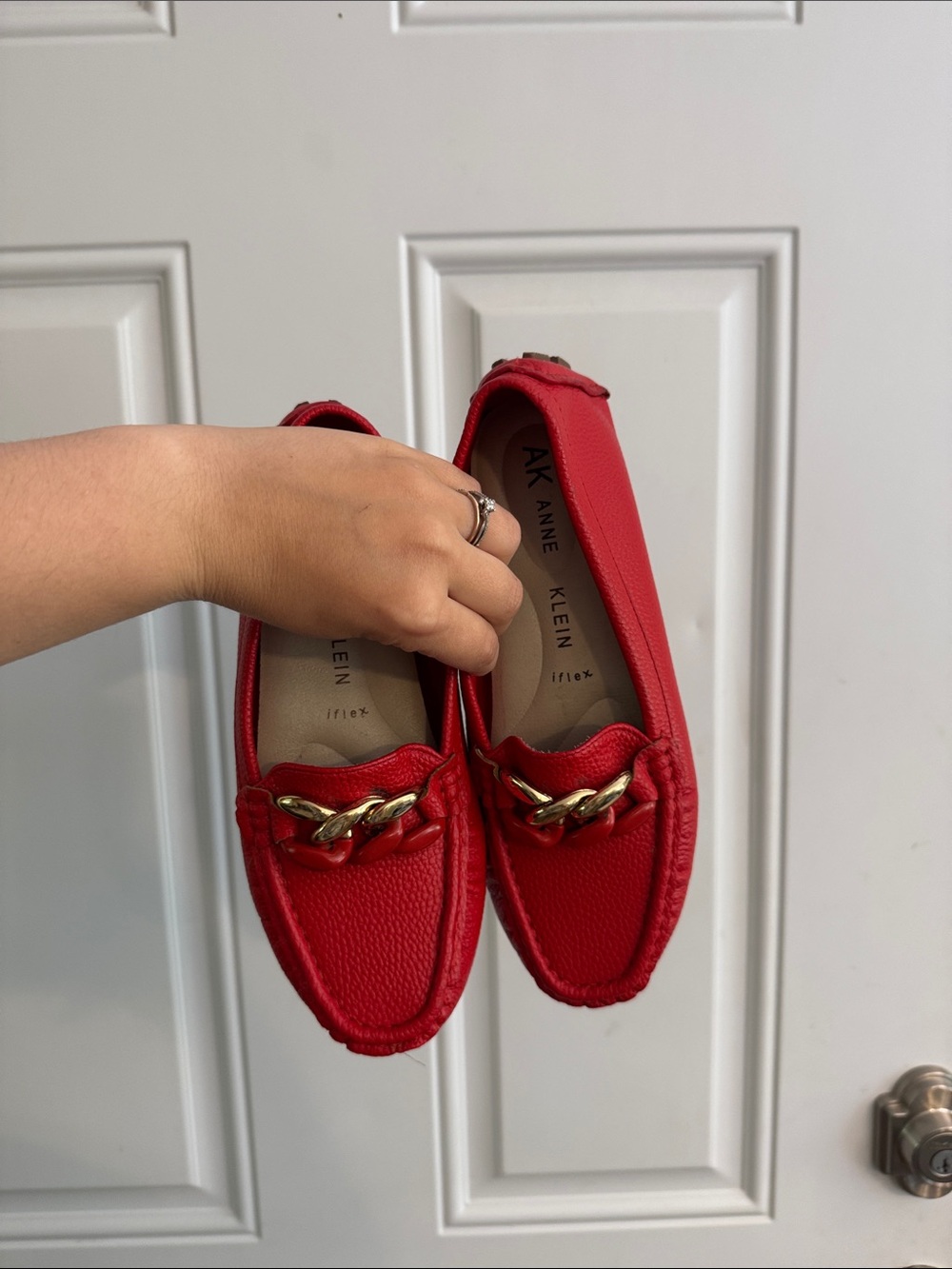 Anne Klein Red Chain-Trim Driving Loafers